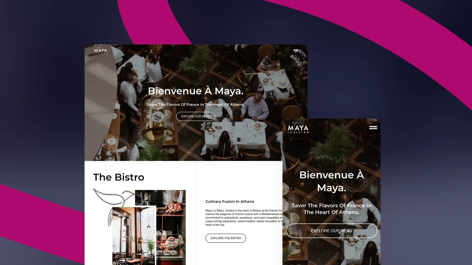 The Maya Le Bistro site on desktop and mobile — “Bienvenue À Maya.” over a photograph looking down on diners in the courtyard, above The Bistro section, on a magenta ribbon background