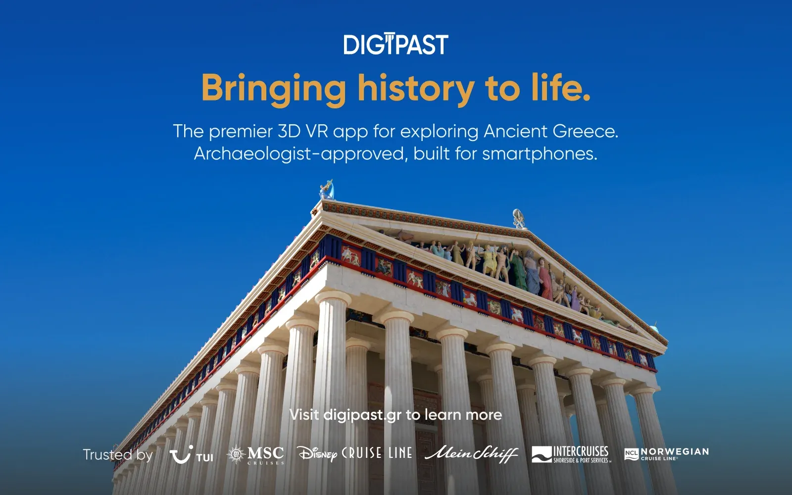 A DIGIPAST campaign graphic — a centred headline above a reconstructed polychrome Greek temple against blue sky