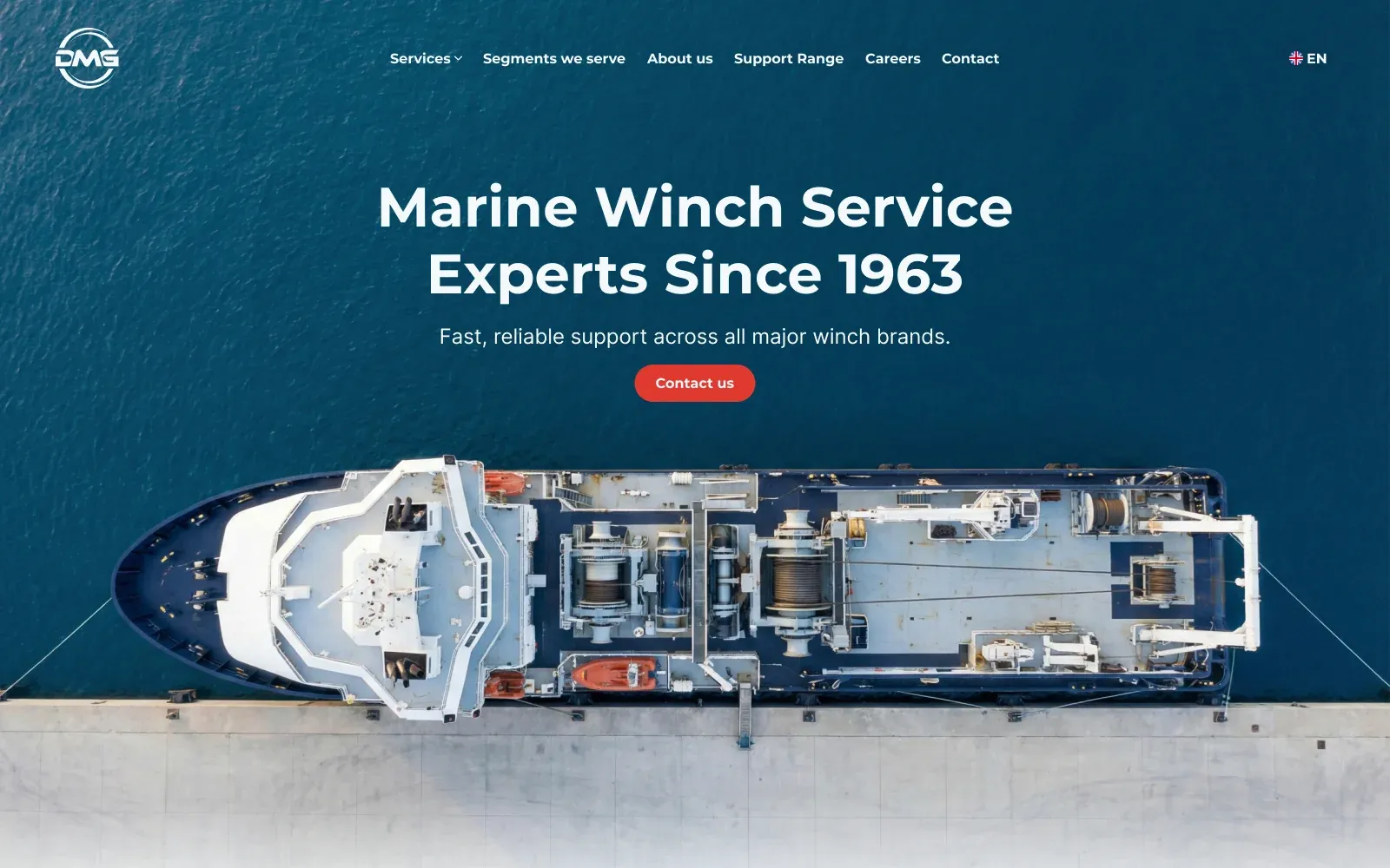 The DMG Holland homepage — a headline over an aerial photograph of a winch vessel moored in deep blue water