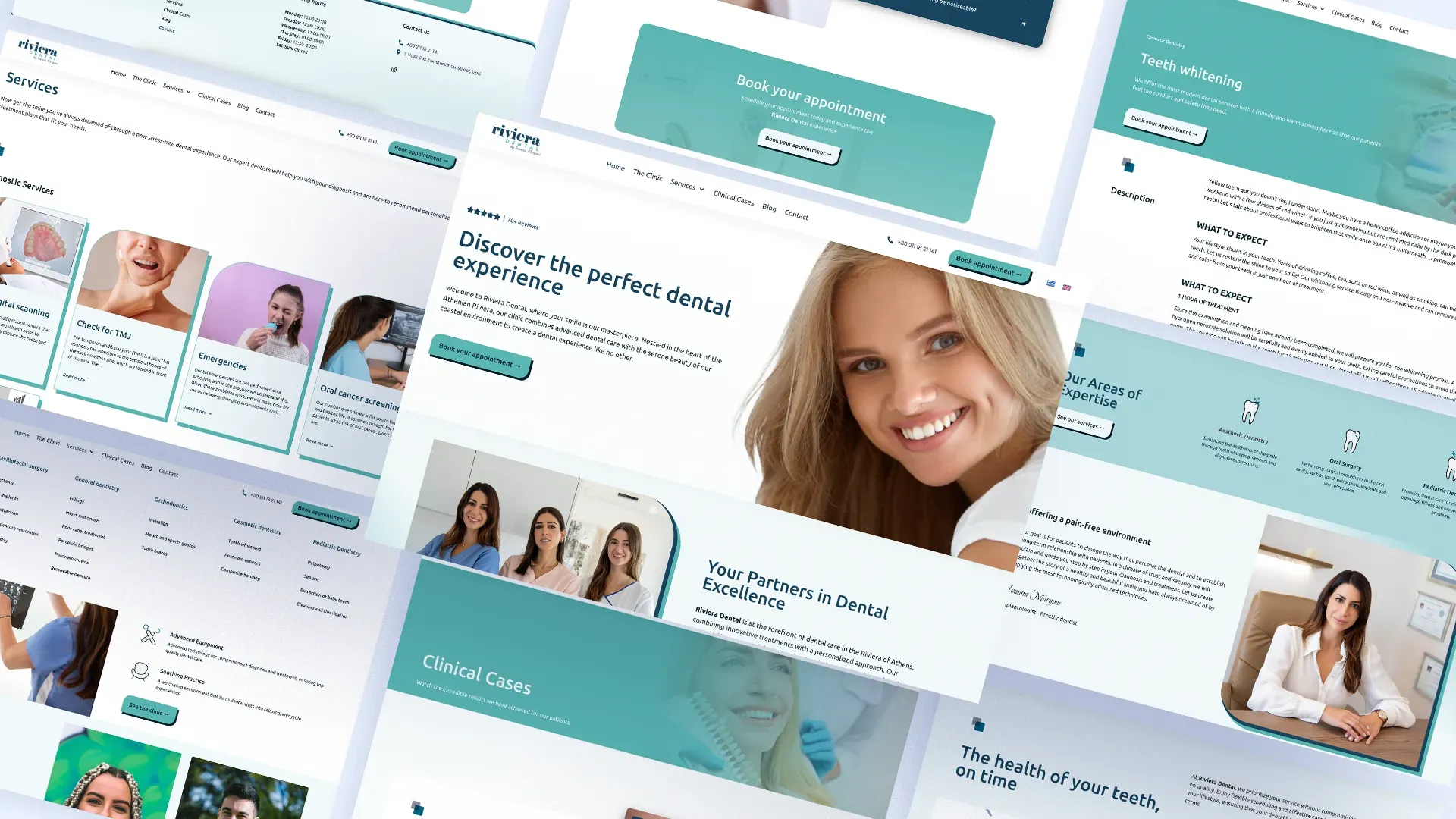 Pages from the Riviera Dental site laid out on an angle — the services index, a teeth-whitening treatment page, clinical cases, the appointment booking block and a practitioner profile