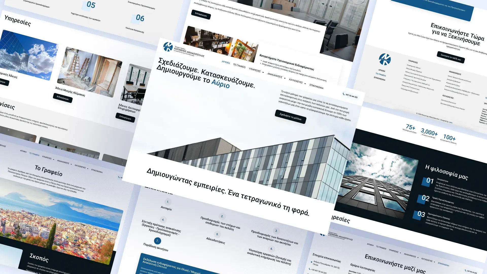 Pages from the Kleathan site laid out on an angle — services, the permits and renovations sections, the practice philosophy, the office profile and the contact page